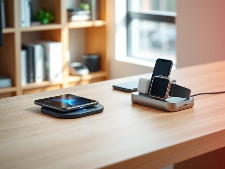 Flick International A modern workspace featuring a wooden desk with a wireless charging pad, smartphone, and smartwatch.