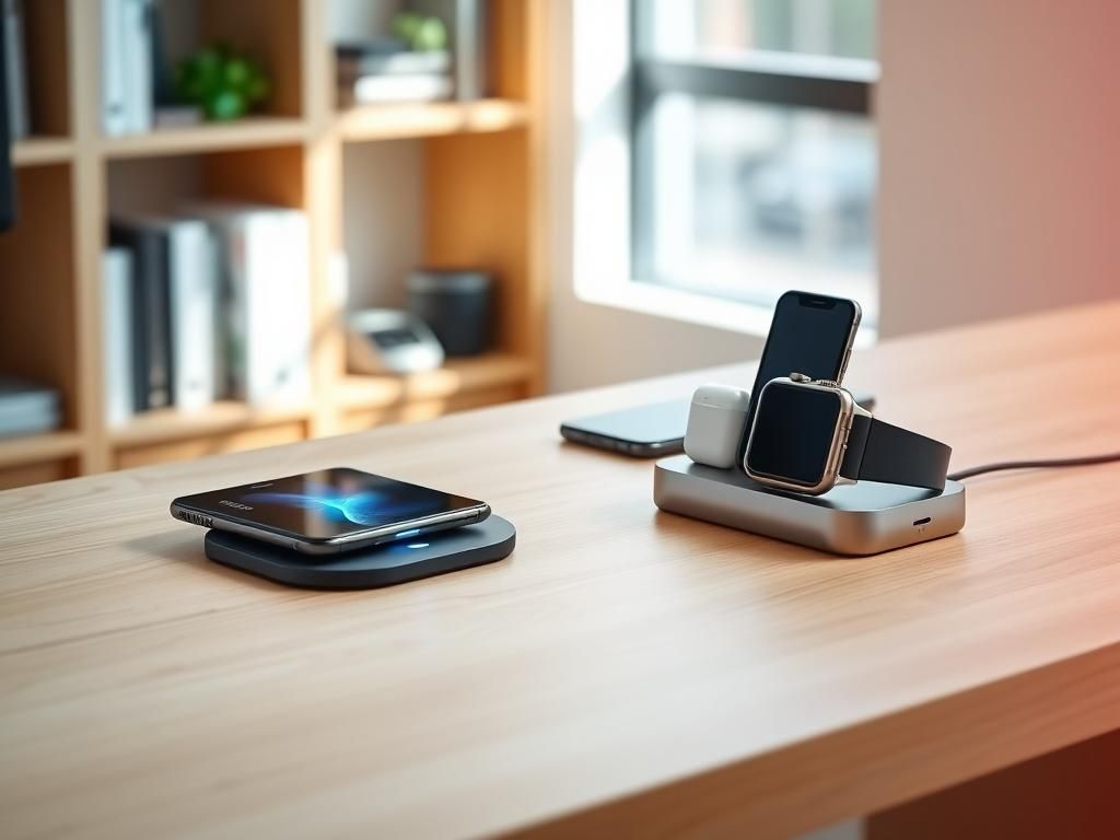 Flick International A modern workspace featuring a wooden desk with a wireless charging pad, smartphone, and smartwatch.