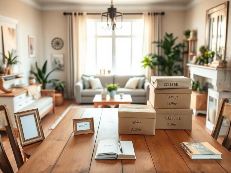 Flick International Cozy family living room interior with a stylish wooden dining table set for college transition