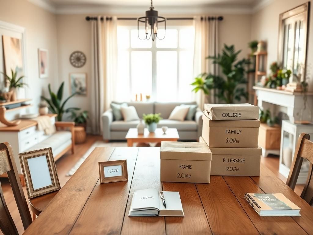 Flick International Cozy family living room interior with a stylish wooden dining table set for college transition