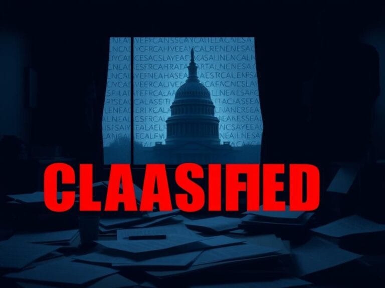 Flick International Dimly-lit room with labeled 'CLASSIFIED' papers and a shadowy figure representing secrecy
