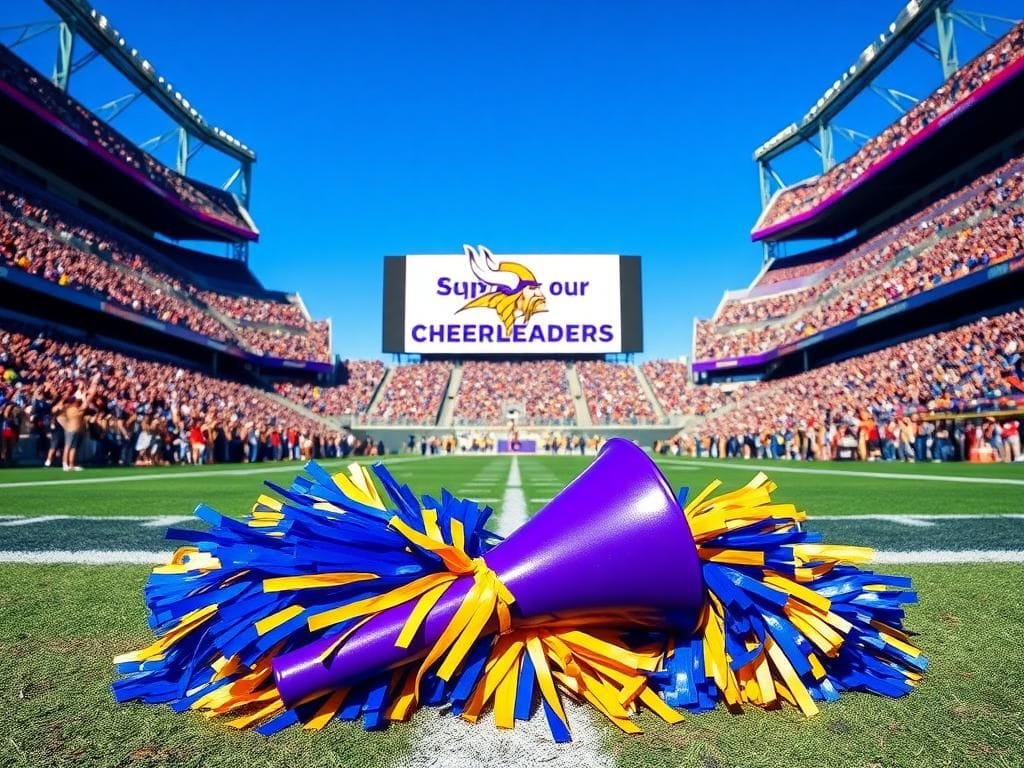 Flick International Cheerleading scene with vibrant blue and gold pom-poms in a football stadium