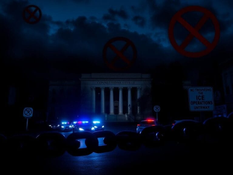 Flick International Urban landscape illuminated by police lights during ICE operation