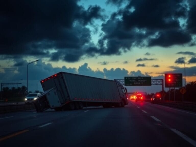 Flick International Overturned semi-truck jackknifed across a Florida Turnpike scene with emergency lights and debris