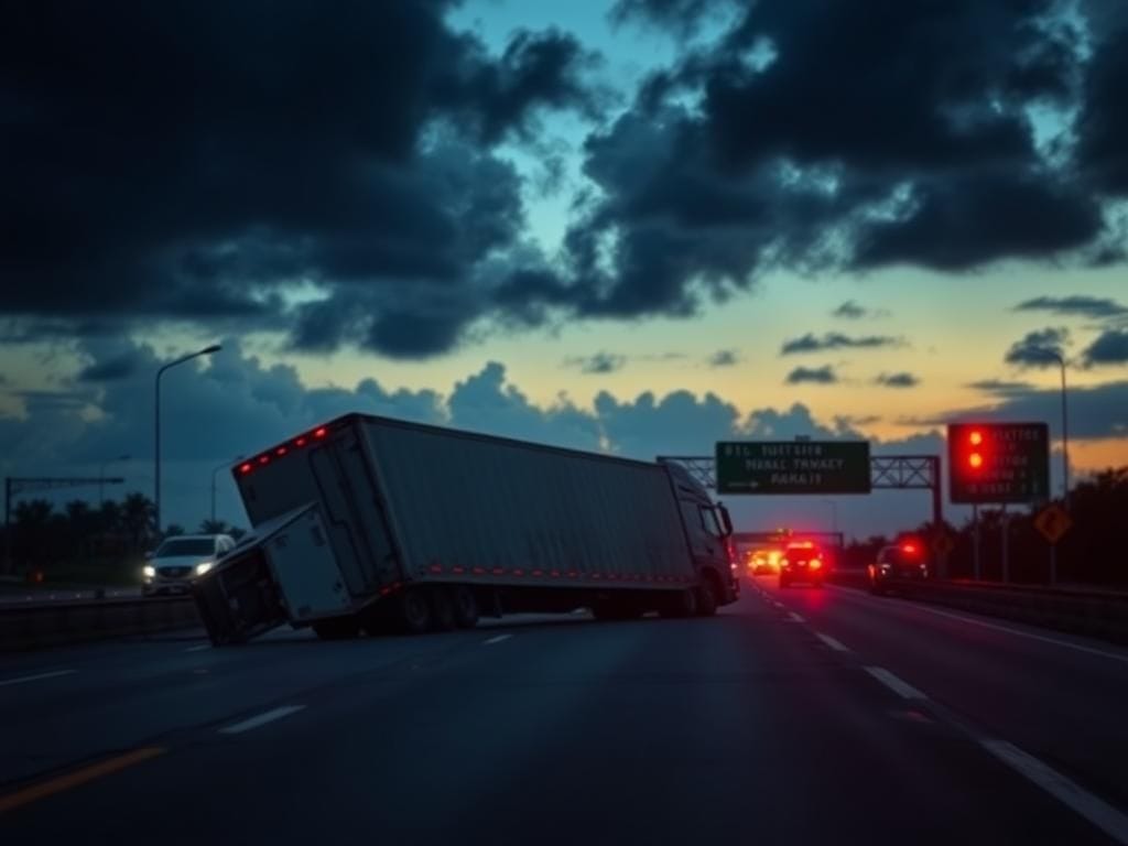 Flick International Overturned semi-truck jackknifed across a Florida Turnpike scene with emergency lights and debris