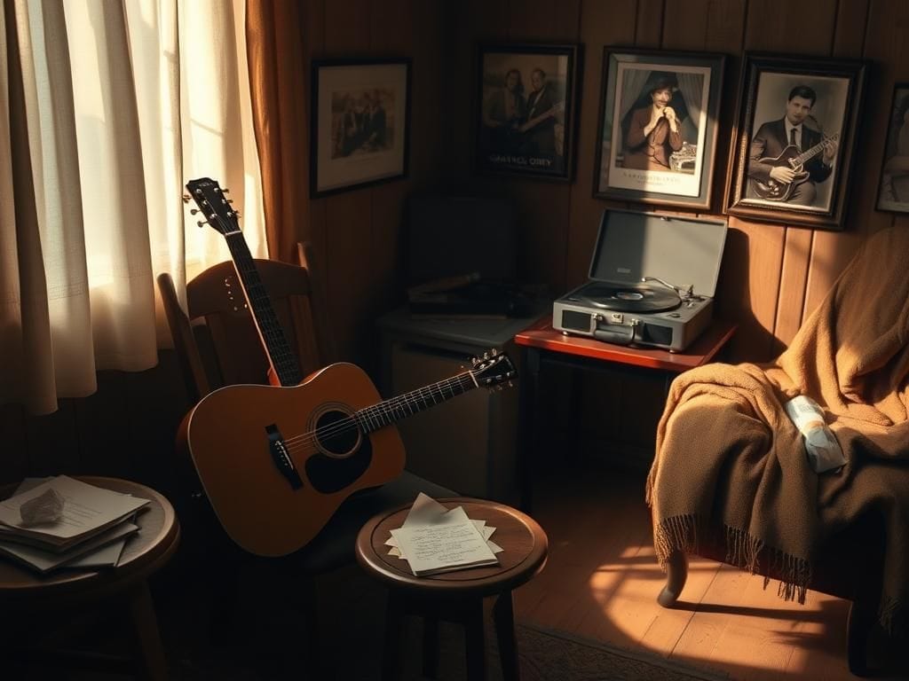 Flick International Vintage guitar and handwritten lyrics in a cozy room