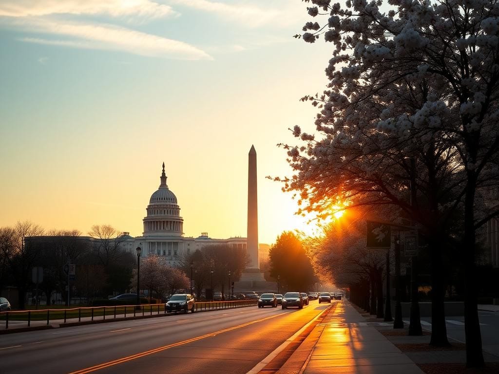 Flick International A serene view of Washington D.C. at sunset with iconic landmarks and cherry blossoms
