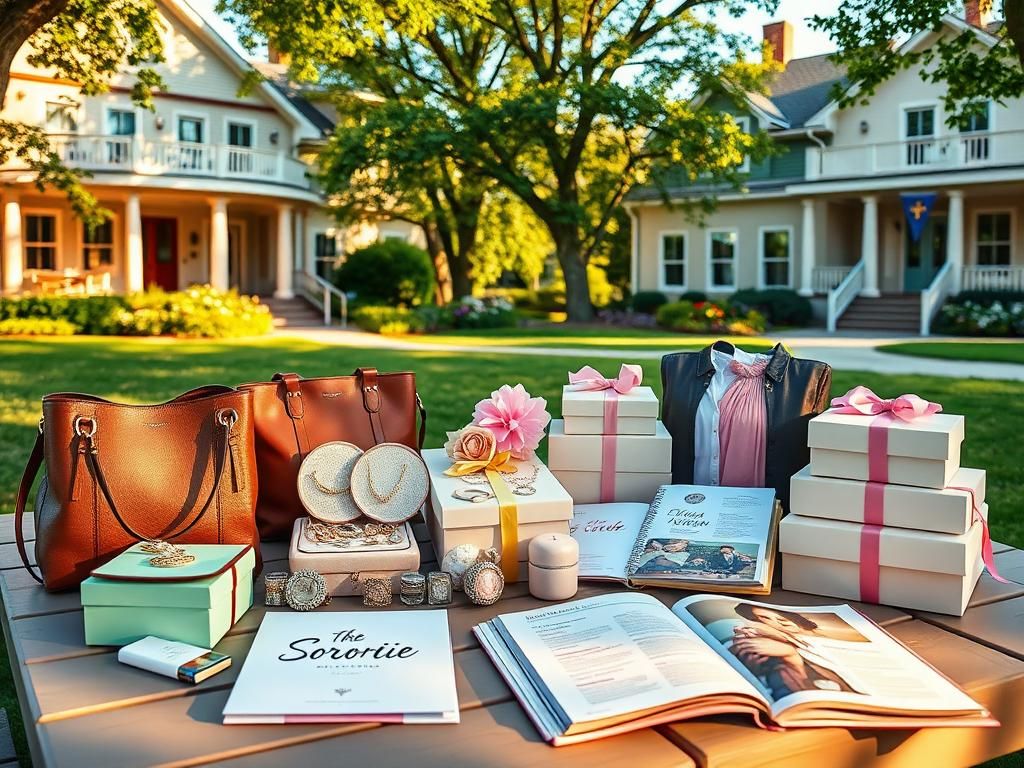 Flick International College sorority rush week scene with luxury items and decorated backdrop