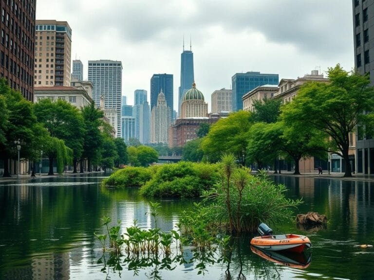 Flick International A flooded street in Chicago showcasing reflections of buildings and lush greenery after heavy rainfall