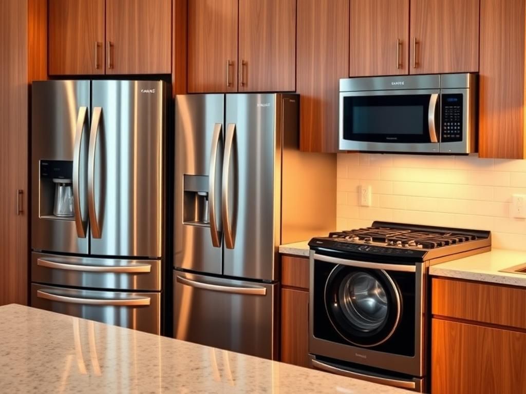 Flick International Sleek modern kitchen display featuring top-brand appliances, including a stainless steel French door refrigerator, black front-load washing machine, and over-the-range microwave.