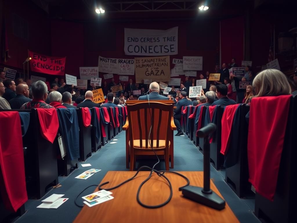 Flick International Chaotic town hall meeting with a podium and empty chair symbolizing absent congressman.
