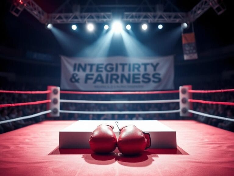 Flick International Boxing gloves resting in the center of a well-lit boxing ring during a championship event