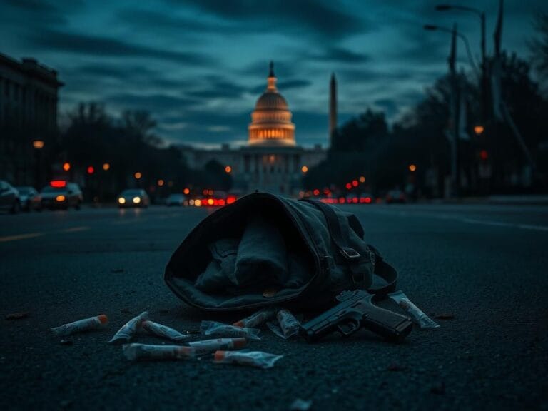 Flick International A deserted Washington, D.C. street at dusk with discarded drug baggies and a handgun
