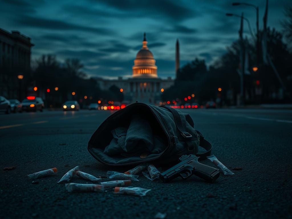 Flick International A deserted Washington, D.C. street at dusk with discarded drug baggies and a handgun