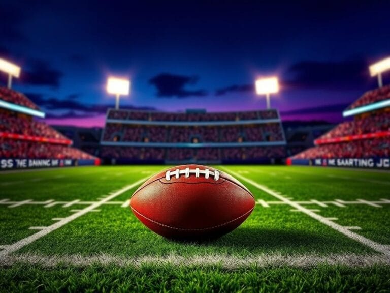 Flick International Stylized football field at dusk with Manning and Brady names on a football