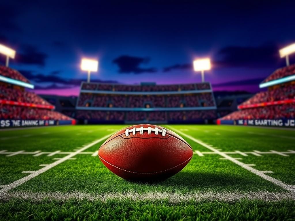 Flick International Stylized football field at dusk with Manning and Brady names on a football