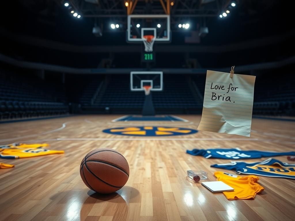 Flick International A dramatic basketball court scene with an empty hardwood floor and a worn-out basketball