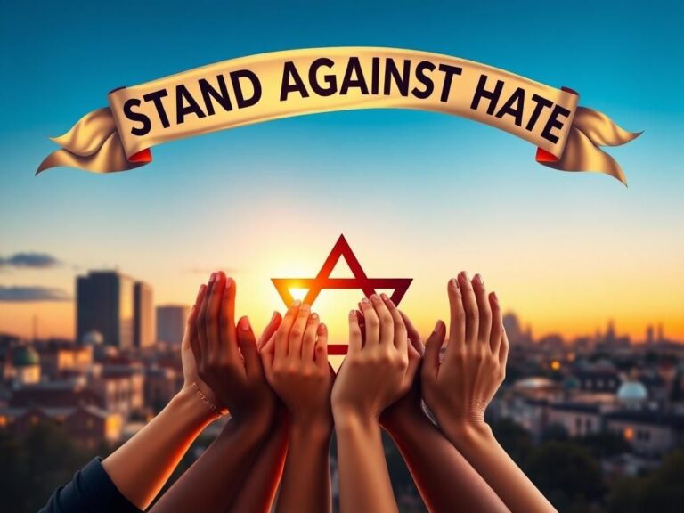 Flick International Diverse hands clasped together around a luminous Star of David, symbolizing unity against antisemitism.