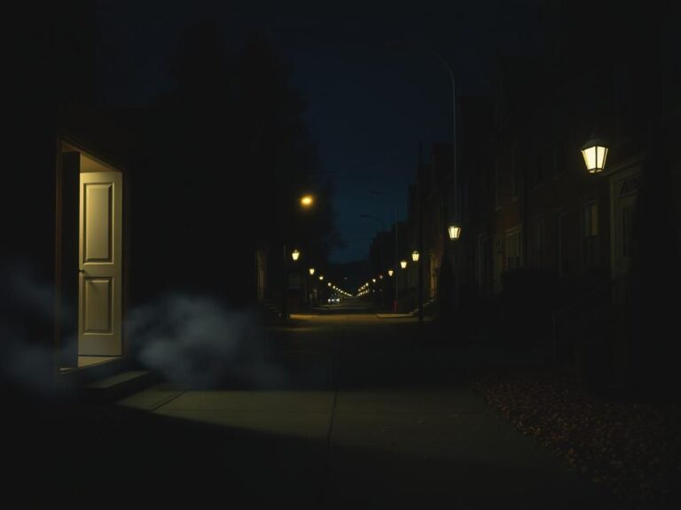 Flick International A dimly lit street view of a quiet Idaho college town at night with brownstone buildings and shadows.