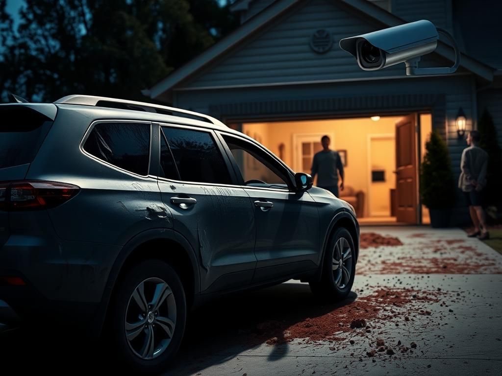 Flick International A damaged SUV outside a suburban home following a tense confrontation related to Kyle Chrisley's lawsuit.