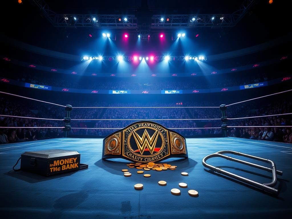 Flick International Dramatic wrestling ring featuring the World Heavyweight Championship belt and a Money in the Bank briefcase