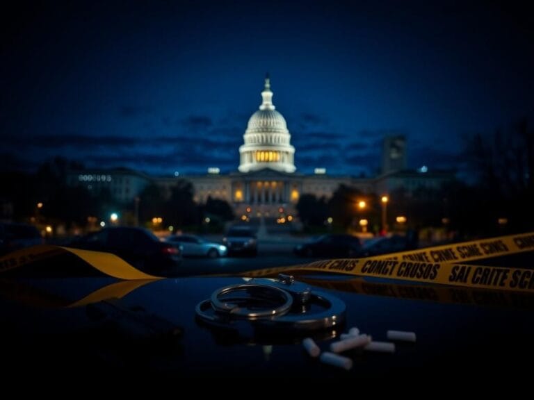 Flick International Dramatic cityscape of Washington, D.C. at twilight with Capitol building and police badge