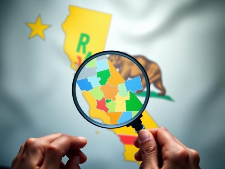 Flick International Map of California with vibrant redistricting districts highlighted, symbolizing political scrutiny