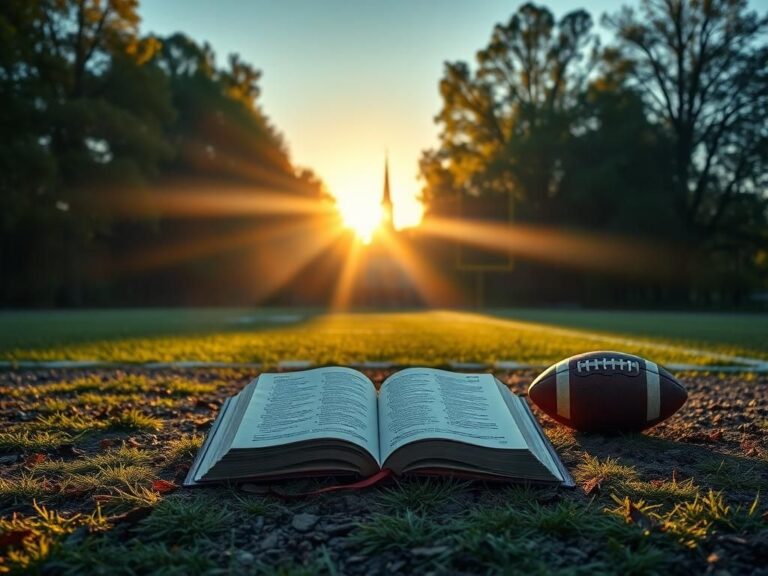 Flick International A serene outdoor scene at sunrise with a football field and an open Bible