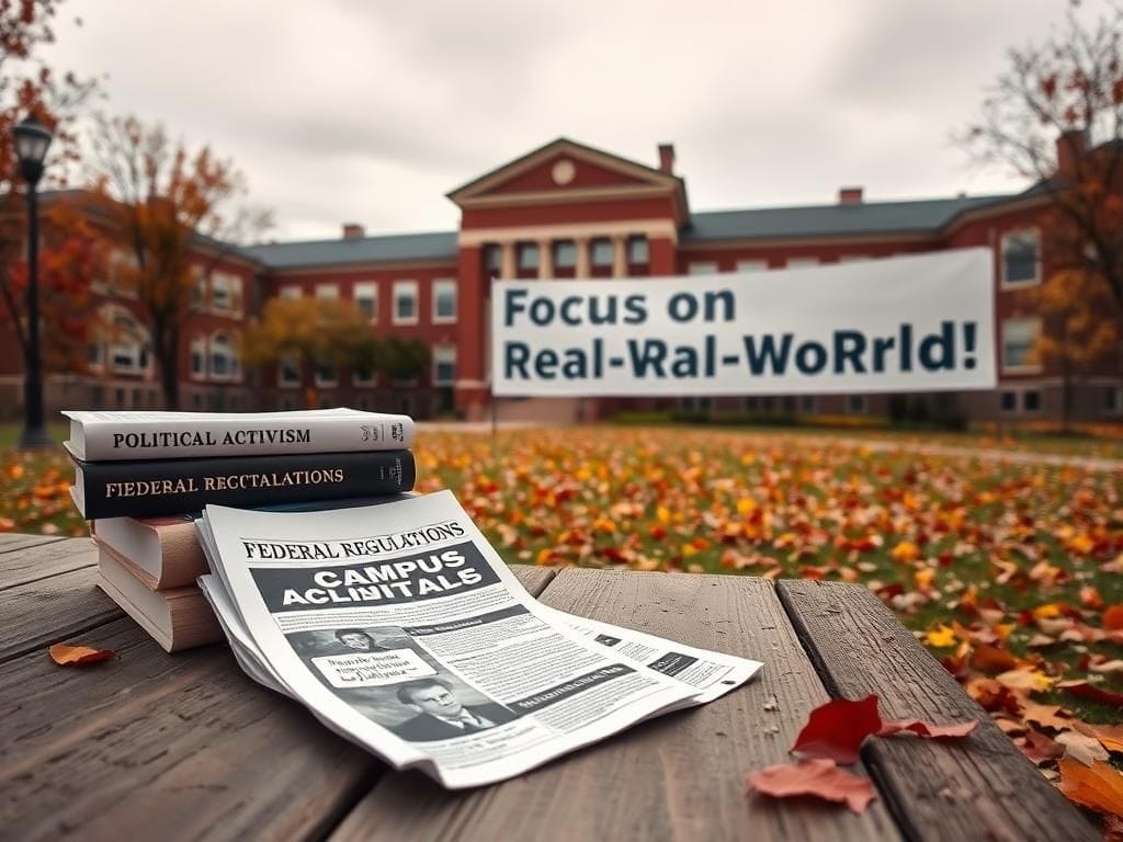 Flick International Serene college campus scene in autumn with fallen leaves and a brick building in the background representing educational institutions.