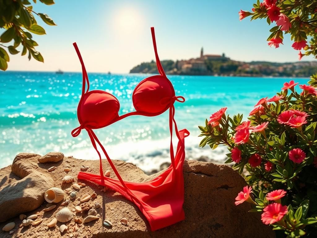 Flick International Bright red string bikini on a sun-soaked rock with seashells and coral in a picturesque Italian seaside setting