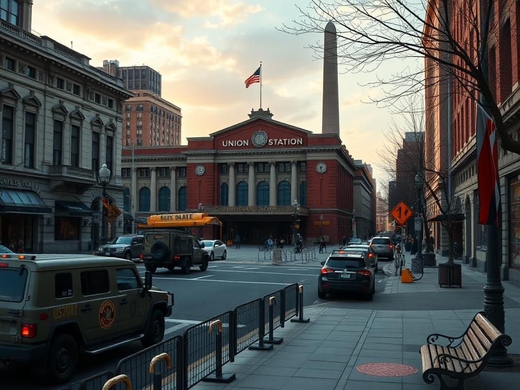 Flick International Wide-angle view of Union Station in Washington, D.C., showcasing military presence and urban life.