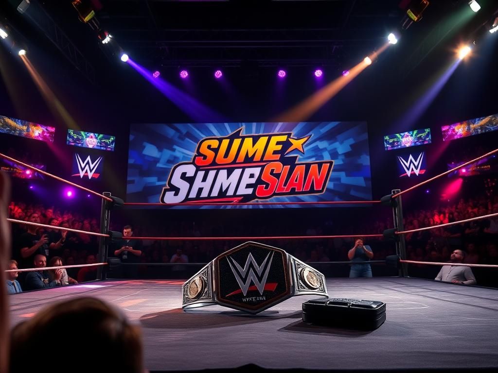 Flick International Wrestling ring lit up during SummerSlam with championship belt on display
