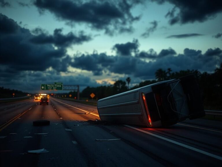 Flick International Overturned semi-truck on the Florida Turnpike amidst debris