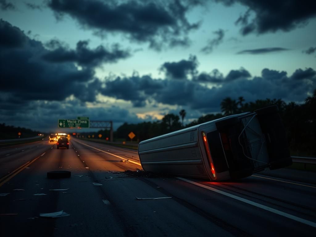 Flick International Overturned semi-truck on the Florida Turnpike amidst debris