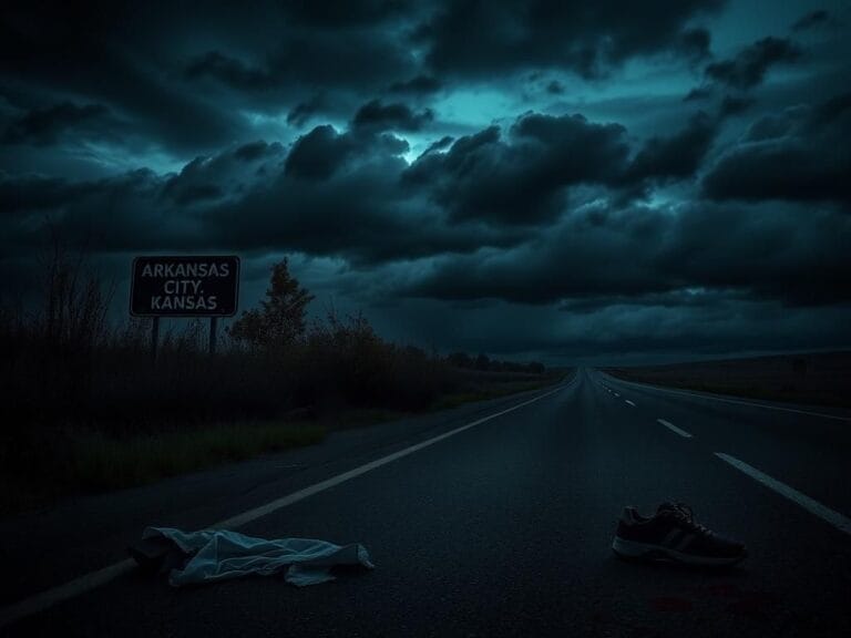 Flick International Dark highway at dusk indicating danger with a signpost for Arkansas City, Kansas