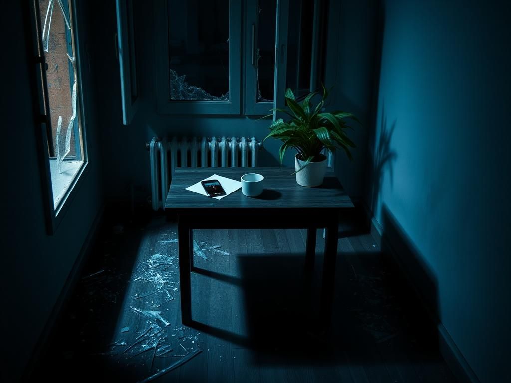 Flick International Dimly lit Italian apartment with broken window and scattered papers