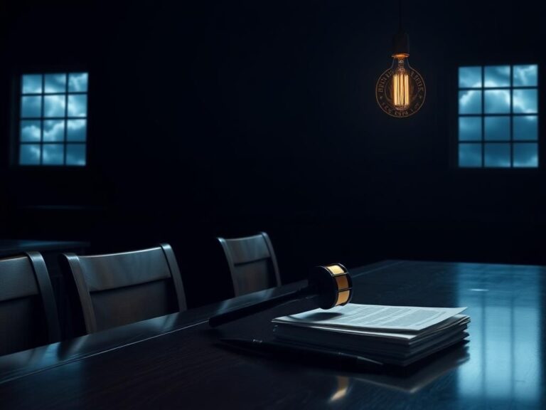 Flick International Dimly lit courtroom scene with a wooden bench and gavel, symbolizing legal tension