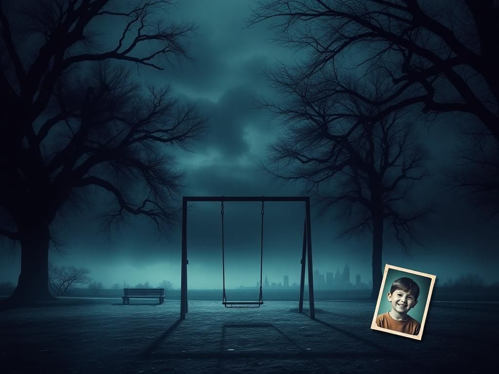 Flick International Abandoned child's playground under a gloomy sky signifying loss and justice.