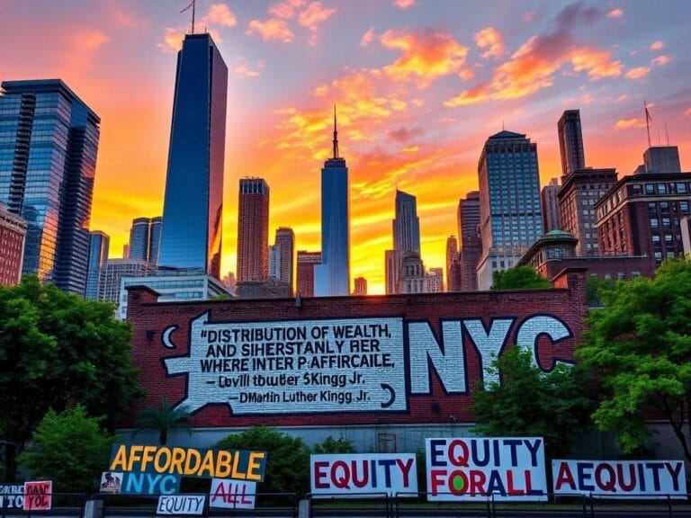 Flick International Vibrant mural in New York City depicting Dr. Martin Luther King Jr.'s quote on distribution of wealth during sunset