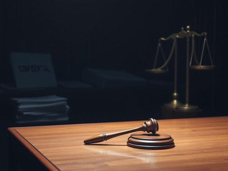 Flick International Dramatic courtroom scene with a gavel and confidential legal files symbolizing the Epstein case