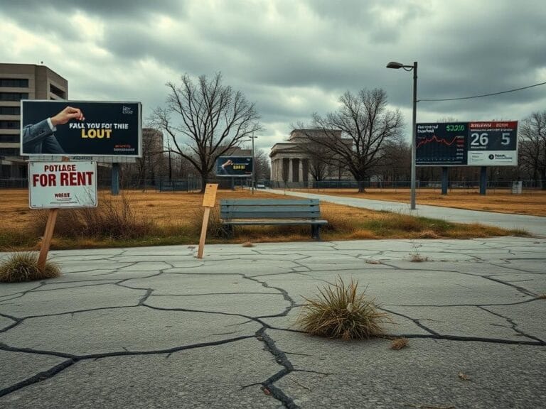 Flick International Deserted urban landscape symbolizing economic struggle with cracked pavement and faded 'For Rent' signs