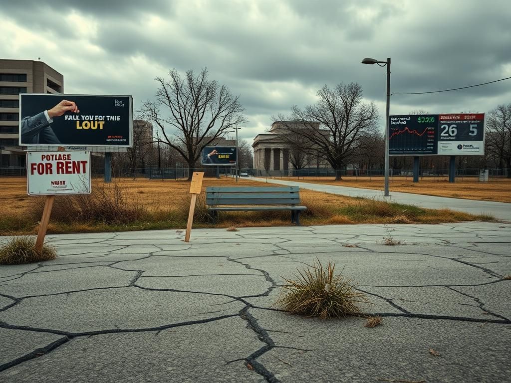 Flick International Deserted urban landscape symbolizing economic struggle with cracked pavement and faded 'For Rent' signs