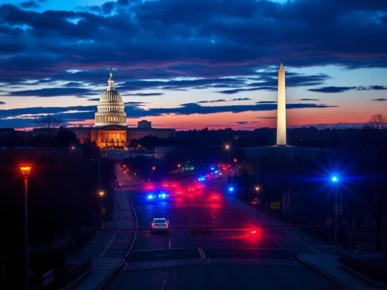 Flick International Panoramic view of Washington, D.C. at dusk with police barricades and iconic landmarks