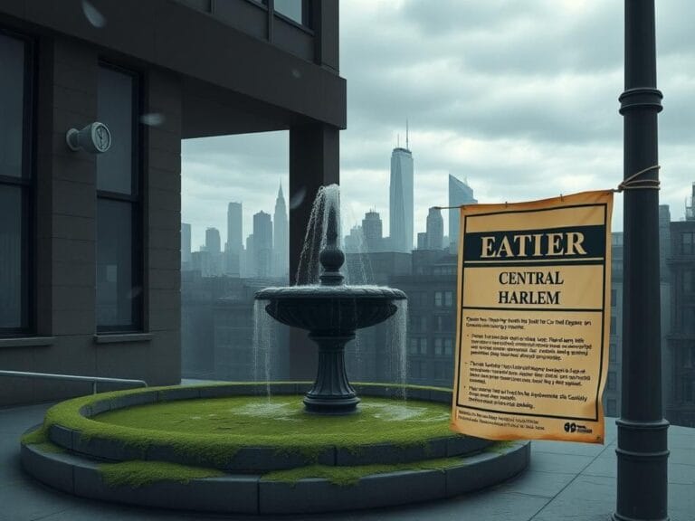 Flick International Overgrown water fountain in Central Harlem symbolizing Legionnaires' disease outbreak