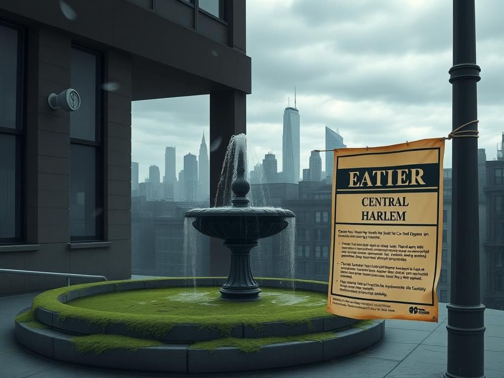 Flick International Overgrown water fountain in Central Harlem symbolizing Legionnaires' disease outbreak