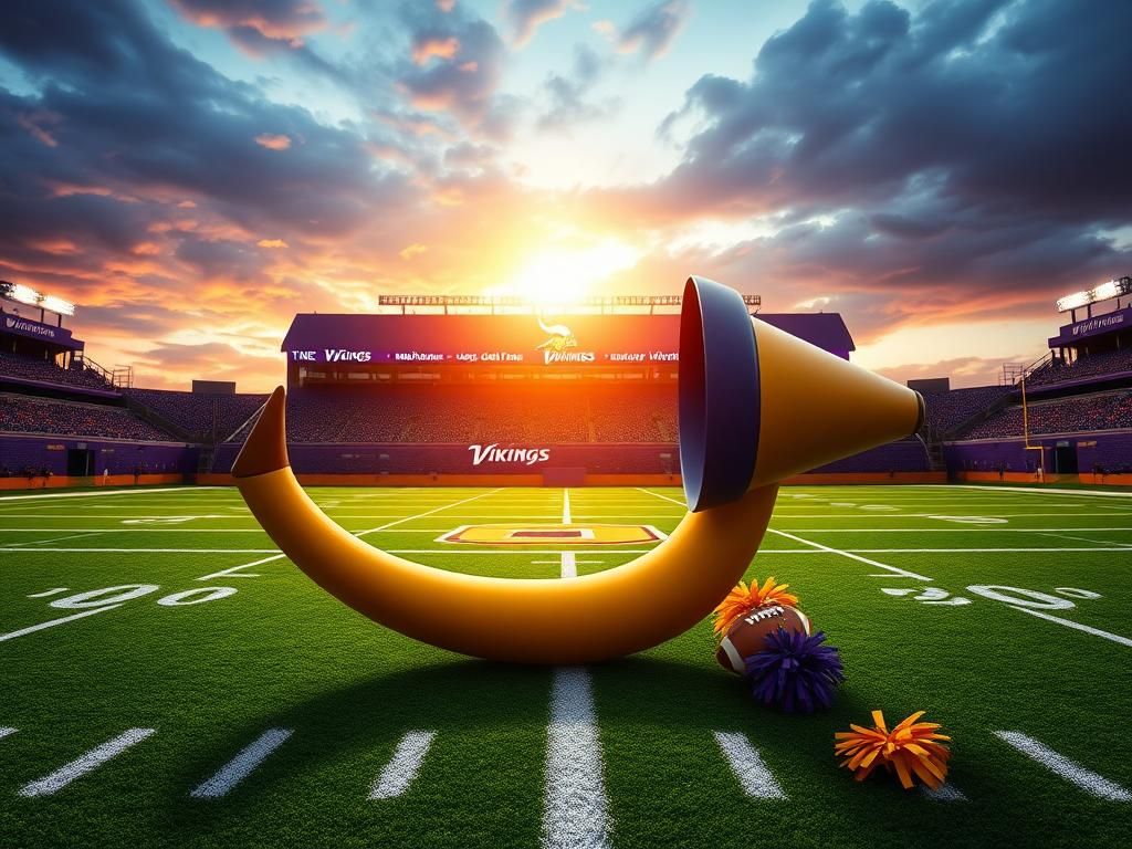 Flick International A Minnesota Vikings football field at dusk, showcasing an empty field and a Viking horn in the foreground, emphasizing the absence of cheerleaders.