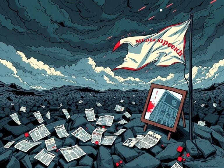 Flick International Conceptual illustration depicting a chaotic media landscape with dark clouds and scattered headlines.