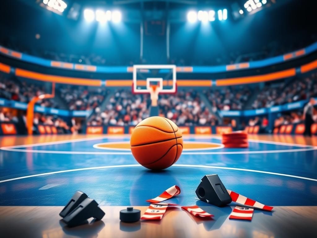 Flick International Dramatic basketball court scene with an empty hoop and a single orange basketball, symbolizing competition and missed opportunities.