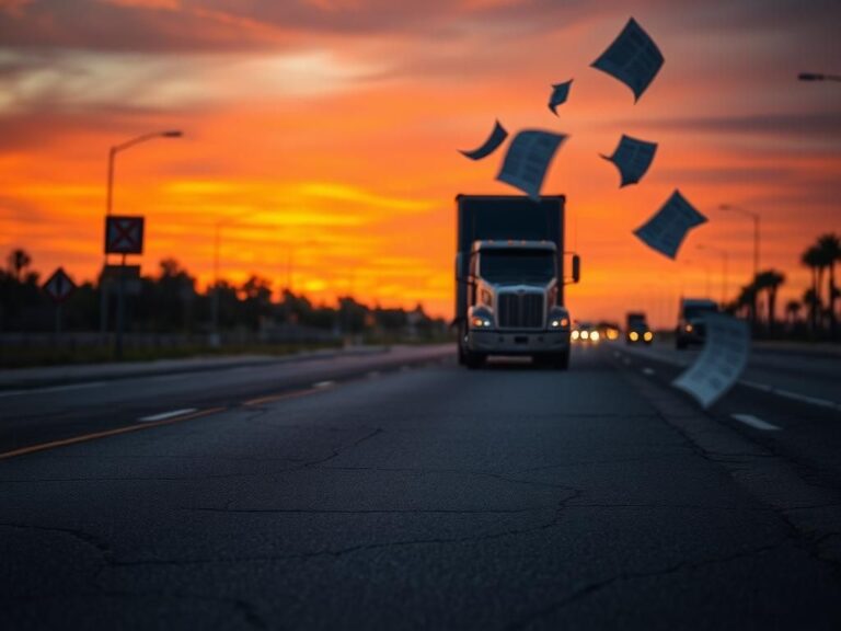 Flick International A large, empty semi-truck parked on the side of a cracked highway at dusk, symbolizing regulatory failures.