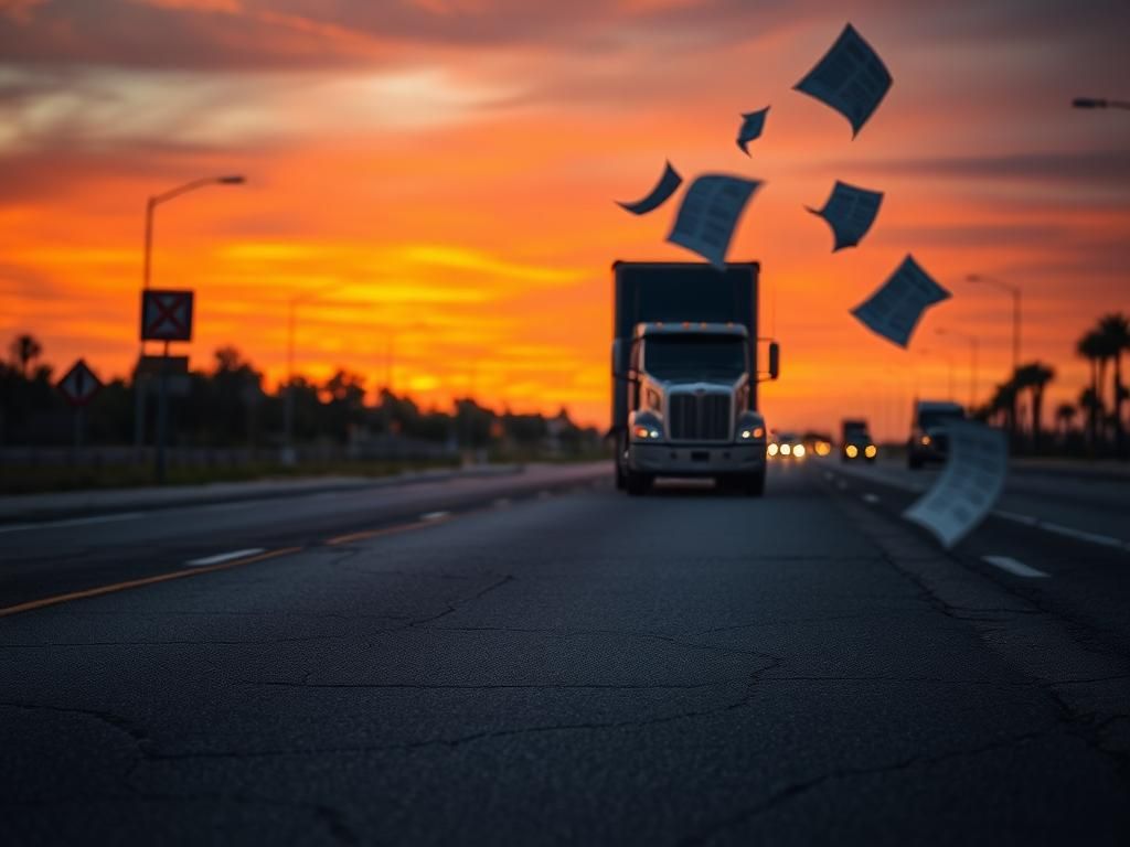 Flick International A large, empty semi-truck parked on the side of a cracked highway at dusk, symbolizing regulatory failures.